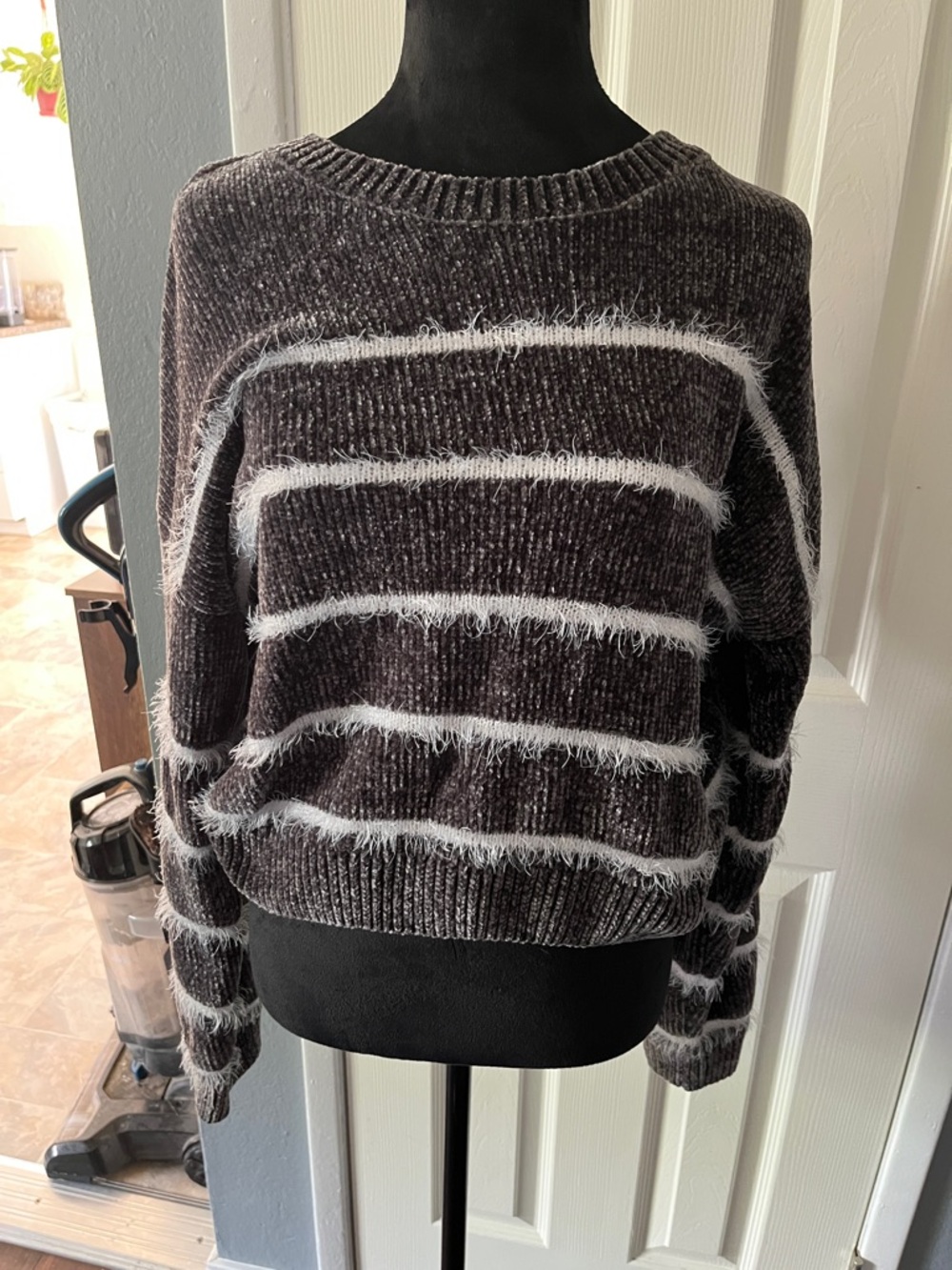 Rue21 Charcoal Crewneck Sweater with White Fuzzy Stripes